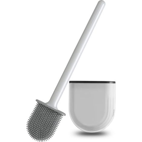 Brosse WC et support pour salle de bain, tête de brosse de nettoyage de cuvette flexible avec poils en silicone, taille compacte pour le rangement et l'organisation avec base à fentes d'aération (blan