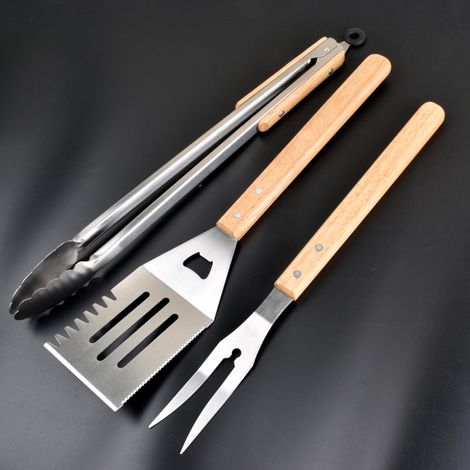 Ensemble barbecue de 3 pièces en acier inoxydable comprenant pinces spatule et fourchette avec manches en chêne pour grillades et barbecue couleur marron (1/5)