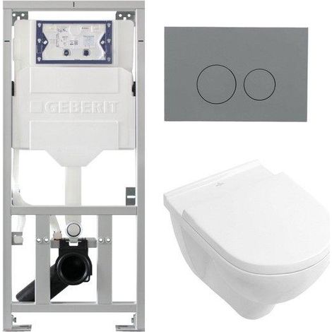 Villeroy Boch Subway 2.0 DirectFlush Pack WC suspendu - bâti-support Geberit - abattant softclose - plaque de commande QeramiQ gris clair - boutons