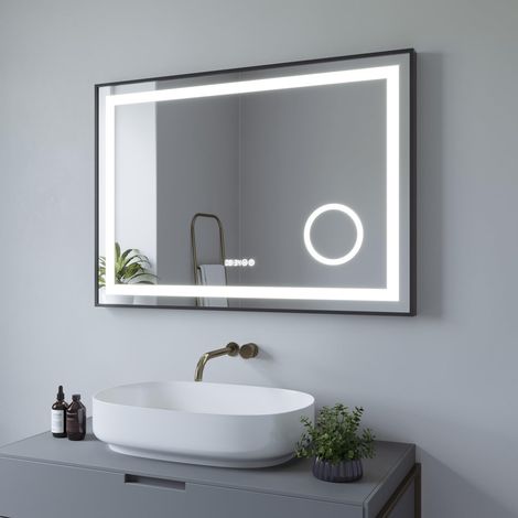 100x70 cm LED Badspiegel mit Beleuchtung Digital Uhr,Touch Dimmbare Kaltweiß, Beschlagfrei Heizung Schminkspiegel 3-Fach Vergrößerung, Badezimmerspiegel Aluminiumrahmen Schwarz matt (1/5)