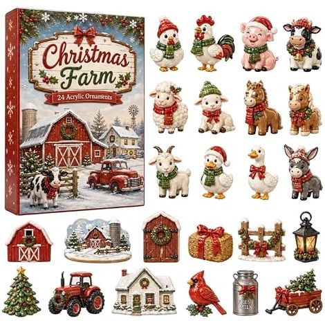 Ein flacher und farbenfroher Weihnachts-Adventskalender, verziert mit Bauernhoftieren.