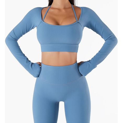 Haut de yoga femme, col rond, dos nu, manches longues, passe-pouces, avec coussinets de poitrine, bleu brume, taille M (1/5)