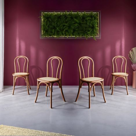 Lot de 4 chaises vintage en bois avec assise en rotin et dossier arrondi. coloris noyer. L 48 x P 49.5 x H 90cm (1/5)