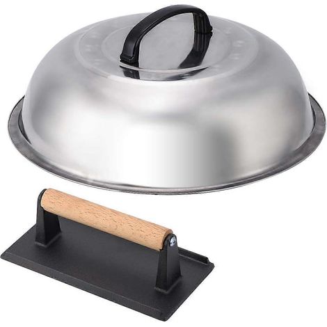 Couvercle à badigeonner en acier inoxydable de 30 cm et presse à griller en fonte pour steak haché, bacon et autres aliments. (1/5)