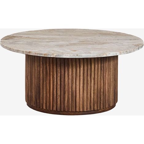 Sklum – Table basse ronde Ø90 cm en marbre et bois de manguier – Plateau en marbre résistant – Pied tubulaire en bois massif – Élégance moderne (1/5)
