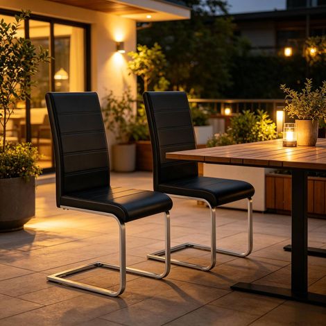 Lot de 2 chaises cantilever de salle à manger à dossier haut en PU et métal noir OKWISH (1/5)