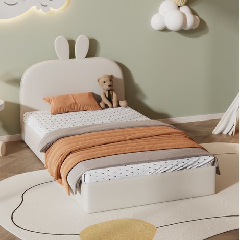 Letto singolo imbottito in velluto beige 90x200 cm con testiera coniglio e rete a doghe in legno (1/5)