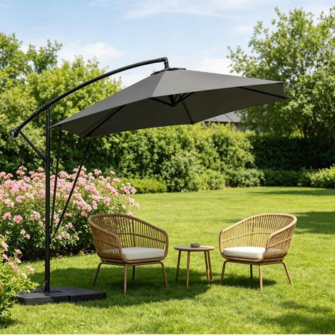 Parasol déporté 310x310x277 cm en métal et polyester, gris foncé, inclinable pour terrasse (1/5)