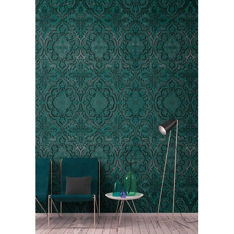 Papier peint panoramique tendance pour chambre | Tapisserie panoramique orientale à motif | Papier peint panoramique vert foncé - 270 x 400 cm (4 pièces) (1/5)