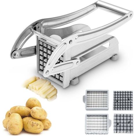 Pommes-Frites-Schneider, Manueller Pommes-Frites-Schneider, Professioneller Pommes-Frites-Schneider mit 2 Edelstahl-Ersatzklingen und Sicherem Saugfuß für Kartoffeln Karotten Gurken Ananas (Silber A)
