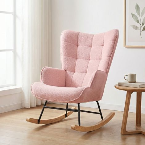 Sedia a dondolo in tessuto Teddy, Poltrona relax imbottita 68x75x92cm, Poltroncina con schienale a scacchi e gambe in metallo e legno, Design Moderno, Rosa