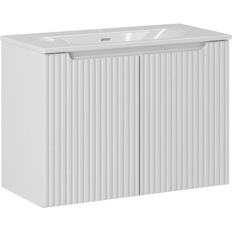 Conjunto de baño suspendido VANO blanco de 80cm: mueble bajo lavabo con armarios ranurados + lavabo empotrado blanco