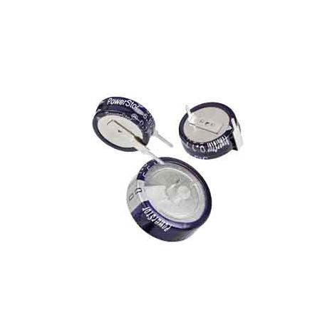 Supercondensateur, 1F, 5.5V c.c., Traversant, 21.5 (Dia.) x 7.1mm, pas de 5mm, -25 °C +70 °C.