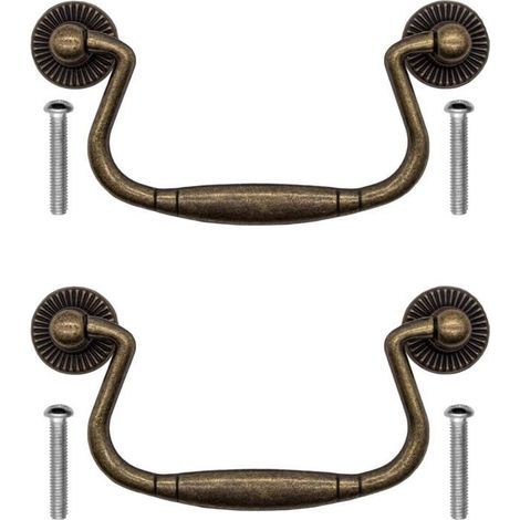 Ensemble de 2 poignées de tiroir pliantes antiques en fer bronze, 100 x 50 mm, pour portes d'armoires, commodes, cuisines, buffets, etc. (1/5)