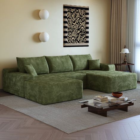 Divano angolare 270 cm verde con chaise longue, in morbido corduroy, senza montaggio (1/5)