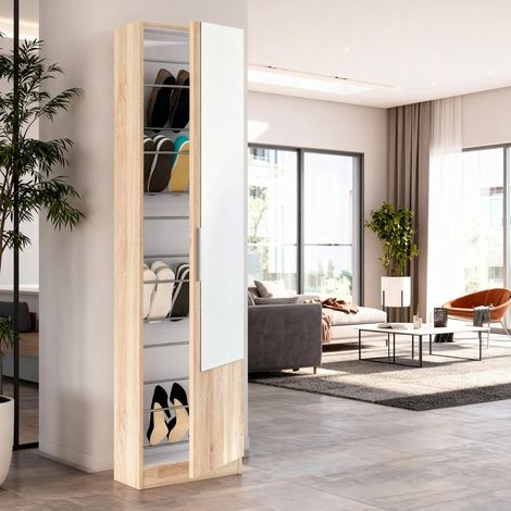 Mobile Armadio Portascarpe con Specchio Scarpiera Salvaspazio Colonna Salotto Ingresso Bagno Colore Bianco Artik - Colore: Rovere (1/5)