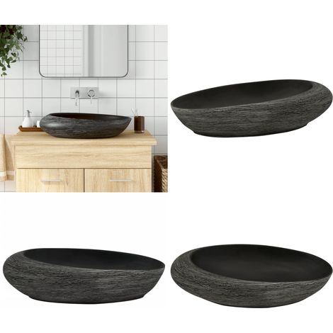 Vasque à poser gris et noir ovale 59x40x14 cm céramique - Lavabo Design - Lavabo Céramique - Lavabo Suspendu - Évier Salle De Bain - Meuble Salle De Bain - Home & Living