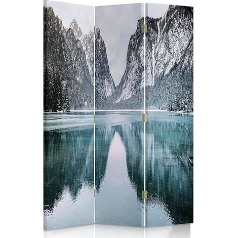 Paravent Design Montagnes et Réflexion Lac en 3 Volets - 110 x 180 cm - 1 face déco, 1 face noir
