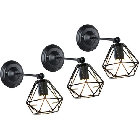 Applique Murale Intérieur Design Industrielle Vintage E27 16cm Plafonnier Cage Diamant Luminaire Noir 3 Pack (1/5)