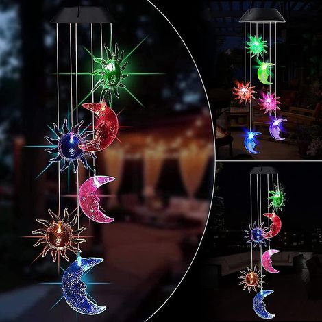 Carillon éolien solaire, lampe LED solaire soleil et lune à changement de couleur, étanche, décoratif pour jardin, terrasse, patio, cour. (1/5)