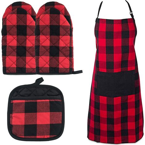 4 gants de cuisine, maniques et tabliers à carreaux vichy noir et rouge, ensemble pour four et cuisine, collection tartan, idée cadeau (1/5)