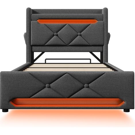 Gepolstertes Einzelbett 90 x 200 cm mit Stauraum, LED und Matratze, grau (1/5)