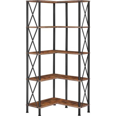 Bibliothèque à 5 Niveaux, Bibliothèque d’Angle, Étagère en L, Organisateur Haut, Présentoir sur Pied, Style Industriel et Vintage, pour Salon, Marron Rustique (1/5)