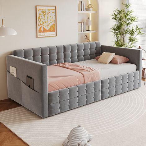 Lit/canapé-lit capitonné 90x190 cm, motif à carreaux classique, compartiments de rangement sur les côtés du lit, deux tiroirs sous le lit, convient comme lit d'appoint ou lit simple, tissu velours, gr (1/4)
