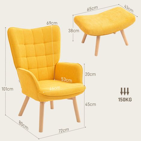 Fauteuil relax avec pouf, siège lounge en tissu côtelé, fauteuil à accoudoirs sur pieds en bois, fauteuil télé pour salon, couleur orange (1/5)
