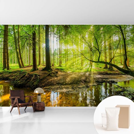 Papier peint intissé décoratif pour chambre et salon Design moderne à poser facilement - Colle incluse gratuite Paysage verdoyant 416x254 cm (1/5)