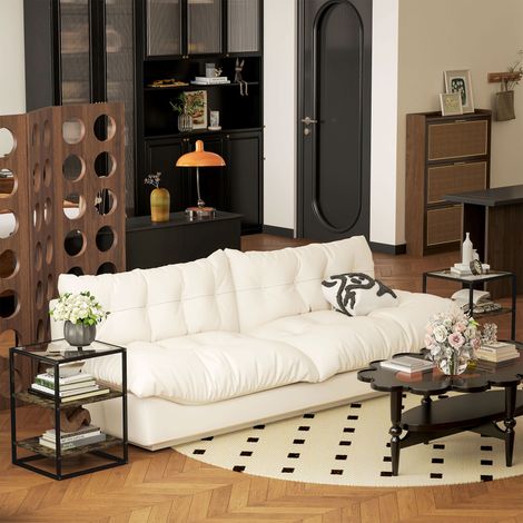 Set aus 2 dreistufigen Couchtischen mit erhöhtem Fuß, niedrige Couchtische aus Holz, Metall und gehärteter Glasplatte, 37 x 40 x 55,5 cm, Braun