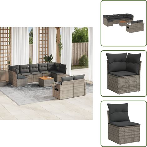 10-tlg. Garten-Sofagarnitur mit Kissen Grau Poly Rattan - Gartenmöbel - Sofasystem - Outdoor Möbel - PE-Rattan - Gartenlounge