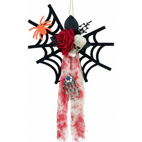 Décorations d'Halloween : toile d'araignée, crâne en fausse rose effrayant, feutrine, décoration intérieure angoissante. (1/5)