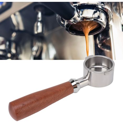 Portafiltros de café de 51 mm con doble asa y recipiente para recoger los posos – Portafiltros sin fondo fabricado en acero inoxidable y palisandro para cafeteras de 51 mm. (1/5)