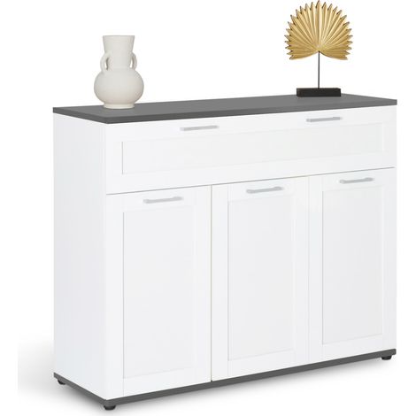 Idmarket – Buffet 100 cm 3 portes et 1 tiroir blanc – Plateau gris – Panneaux de particules – Dimensions compactes pour rangement optimisé