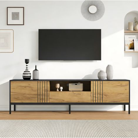 Mueble TV 170x35x50 cm roble y negro en tablero de partículas con 2 puertas, 1 cajón y estantes abiertos (1/5)