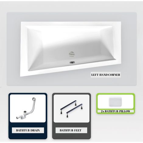 Asymmetrische Badewanne - 170 x 125 cm - Links - ohne Verkleidung - mit Füßen - 2 Kopfstützen - Ablaufgarnitur Chrom - INTIMA SLIM (1/5)