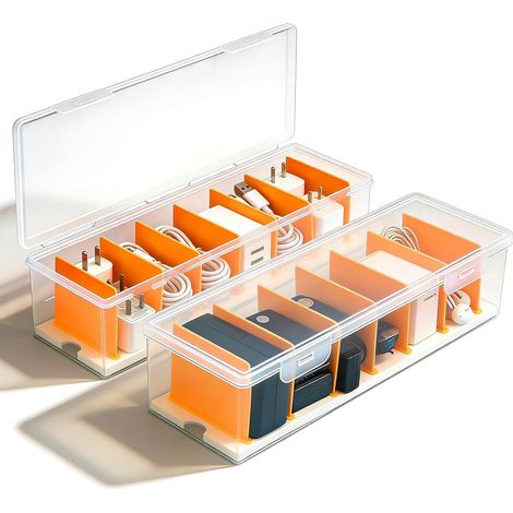 Juego de 2 organizadores de cables – Cajas de almacenamiento transparentes con 7 compartimentos ajustables – Para el hogar o la oficina