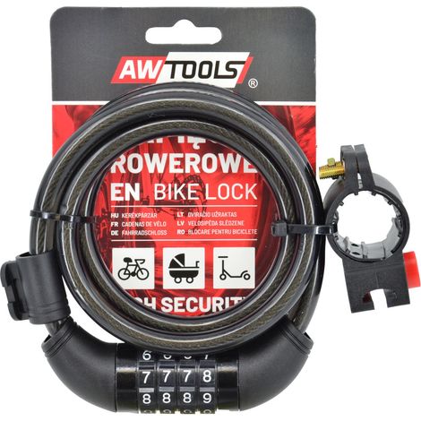 AWTOOLS - Candado de bicicleta FI 10 x 120cm con combinación, ideal para seguridad de bicicletas, diseño resistente, alta flexibilidad, fácil de usar, perfecto para uso urbano y profesional.