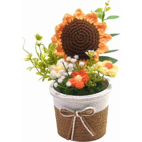 Gehäkelte Sonnenblume im Topf, 8 x 16 cm, weicher, niedlicher Strickblumentopf für Wohnzimmer, Schlafzimmer, Arbeitszimmer (1/3)