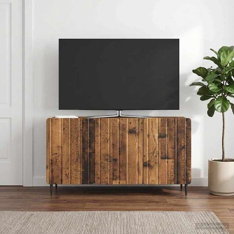 Meuble TV en bois d’ingénierie, 3 portes, bois ancien, 99 x 34,5 x 52 cm - PANGIVO (1/5)