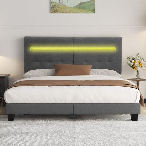 Inre – Lit double 160x200 cm capitonné – Tête de lit rembourrée avec éclairage LED – Sommier à lattes – Capacité de charge 350 kg – Gris foncé (1/5)