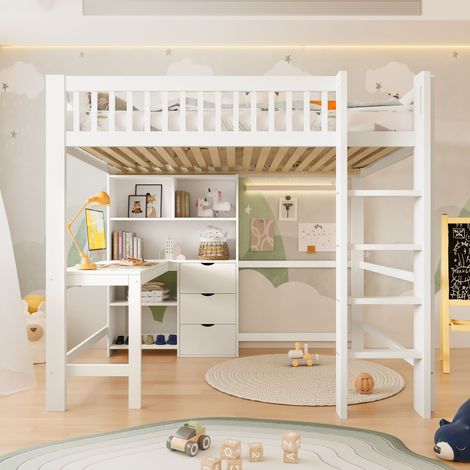Lit mezzanine 140 x 200 cm avec 3 tiroirs Lit enfant avec bureau étagères et garde-corps de sécurité grand espace de rangement Blanc (1/5)