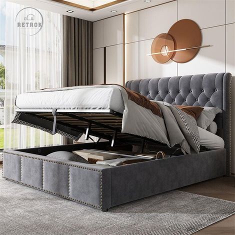 Lit coffre rembourré gris - lit en velours avec levier hydraulique - lit de rangement avec tête de lit, sommier à lattes sans matelas - 160 x 200 cm (1/5)