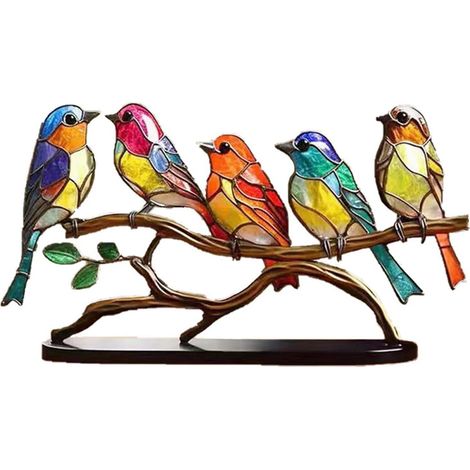 Oiseau En Métal - Décoration Tableau Et Étagère - Pour Salon Chambre Bureau Jardin - Lot De 5 Oiseaux Sur Branche (1/5)