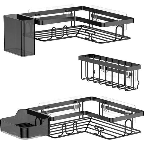 Étagère Douche sans Perçage, 5 Pièces Étagère Rangement Salle de Bain Durable, avec 2 Étagères Angle, Porte Savon Douche, Salle de Bain Accessoire, Étagère Murale de Cuisine – Noir (1/5)