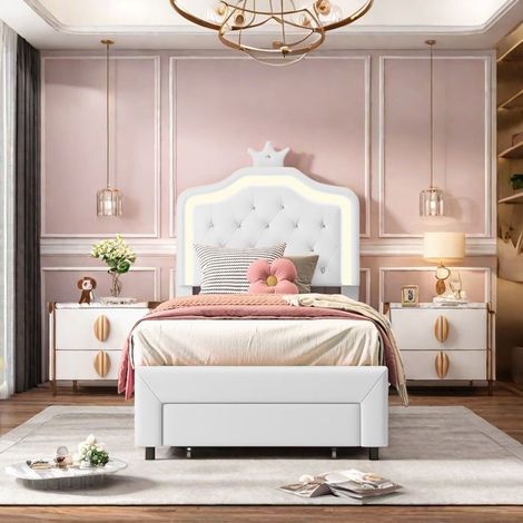 Lit simple - TANANT - Crown Kids - 90x200cm - Blanco - Cajón con LED regulable (1/5)