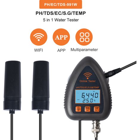 Tuya WiFi 5-in-1 Online-Wasserqualitätsmonitor: pH-Wert, Gesamtfeststoffe, Dichte, elektrische Leitfähigkeit, Temperaturmessung, multifunktionales Messgerät für Trinkwasser in Aquarien und Aquakulture