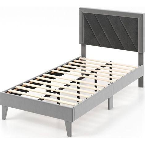 Single Size Bed Frame Velvet Upholstered Platform Bed Slat with High Headboard (1/5)