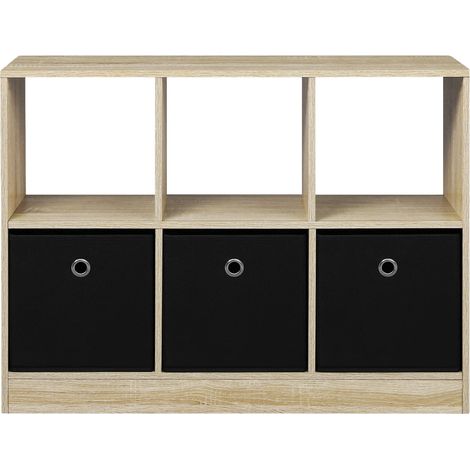 Étagère autonome à cubes avec 3 tiroirs en tissu - Bois mélaminé Chêne clair et noir, pour salon, bureau ou chambre (1/5)